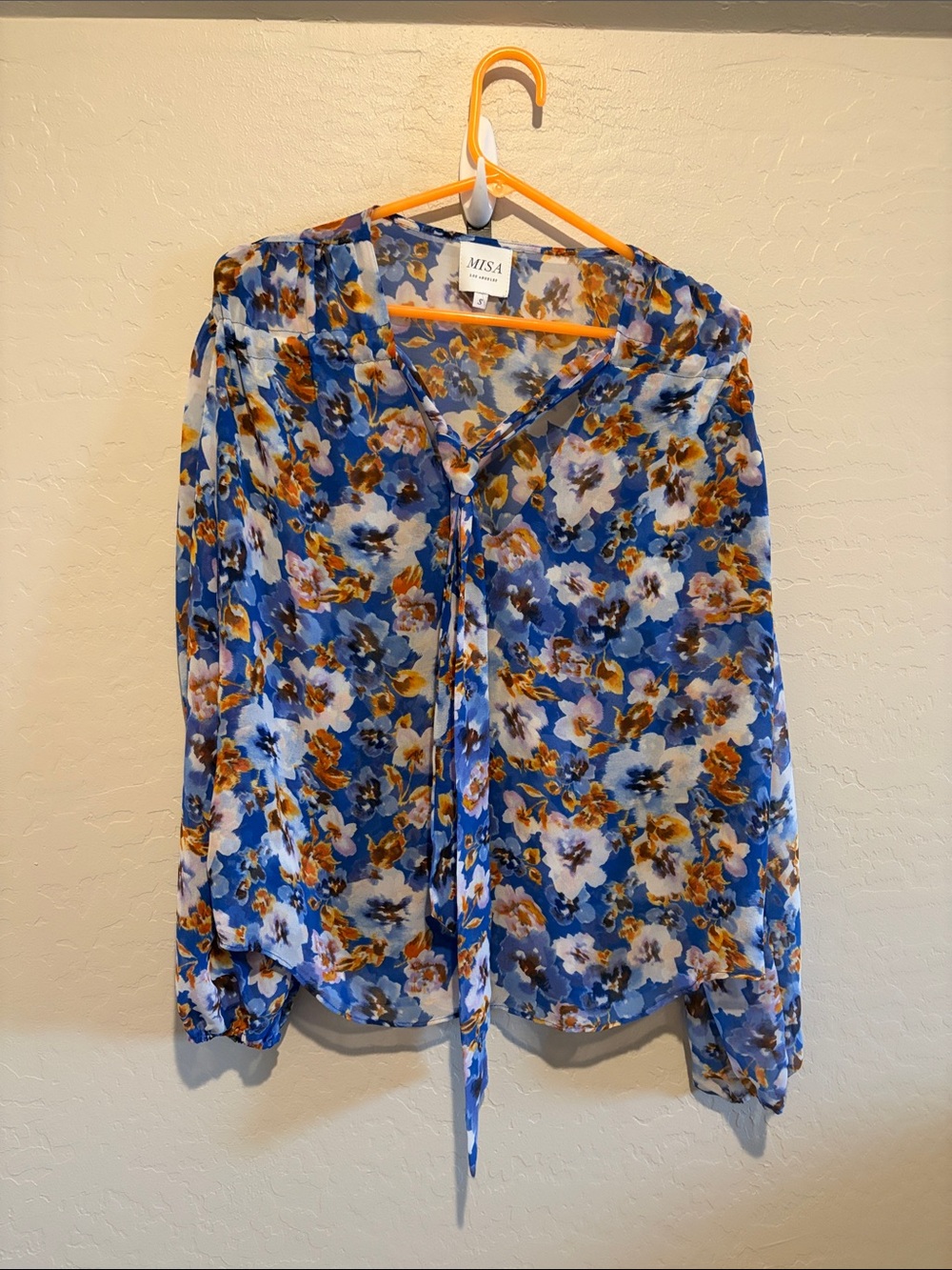 Misa Los Angeles Blue Floral Tie-Neck Blouse with Brown Accents